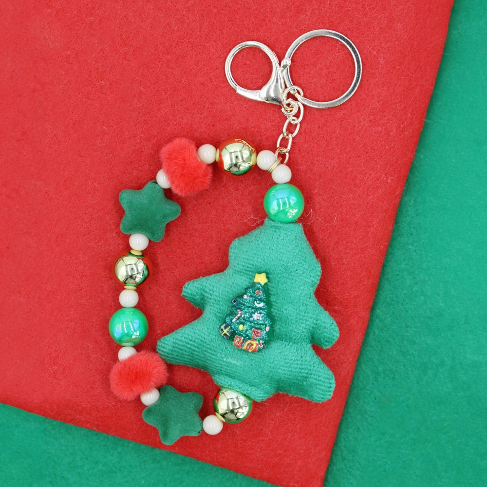 Beaded Christmas Key Ring Featuring Felt Beads, Poms, & Stuffed Christmas Tree - Approximately 7" L view 4