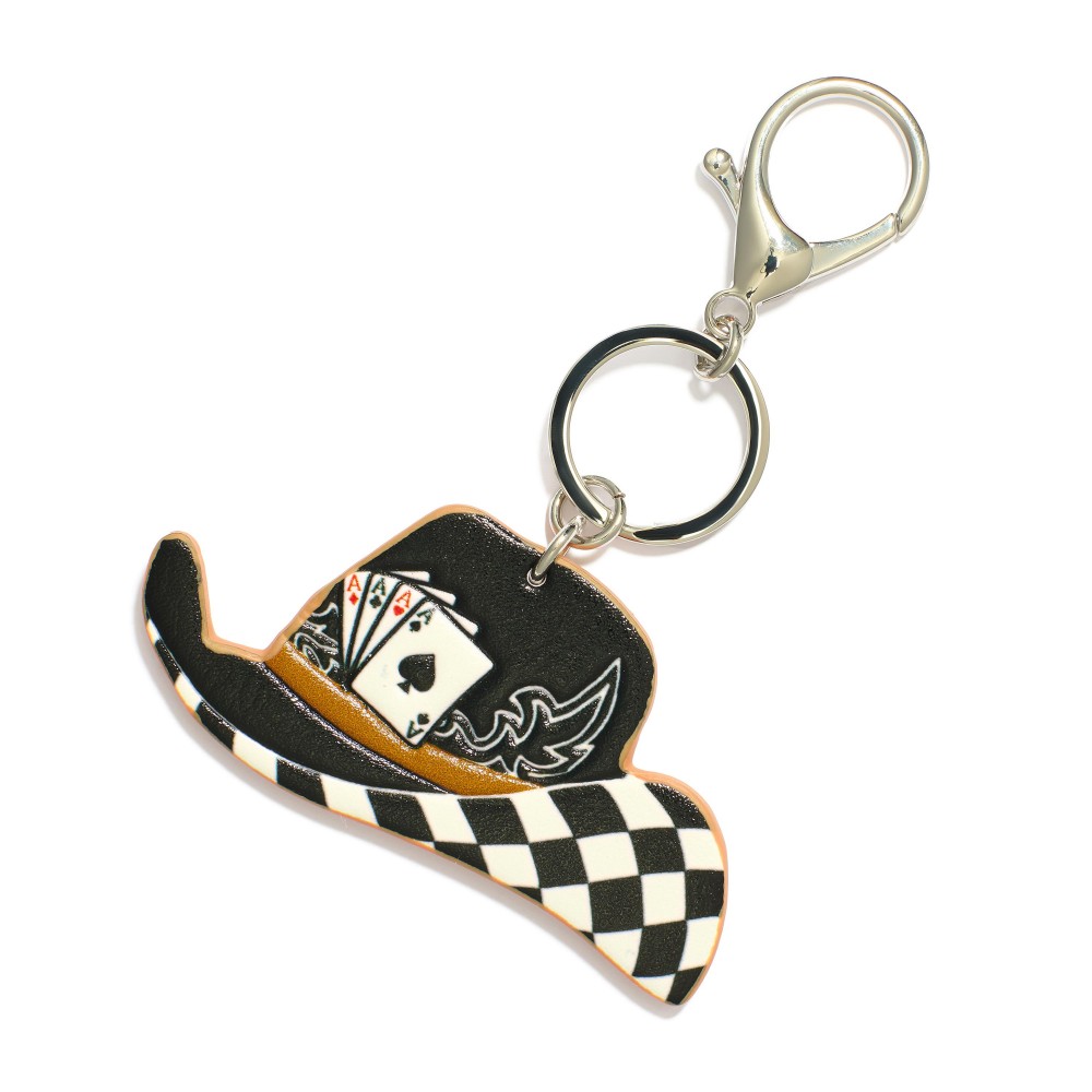 Vegan Leather Playing Cards & Checker Cowboy Hat Key Ring - Approximately 4" L view 2