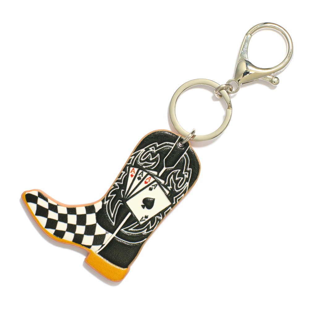 Vegan Leather Playing Cards & Checker Cowboy Boot Key Ring - Approximately 4" L view 2