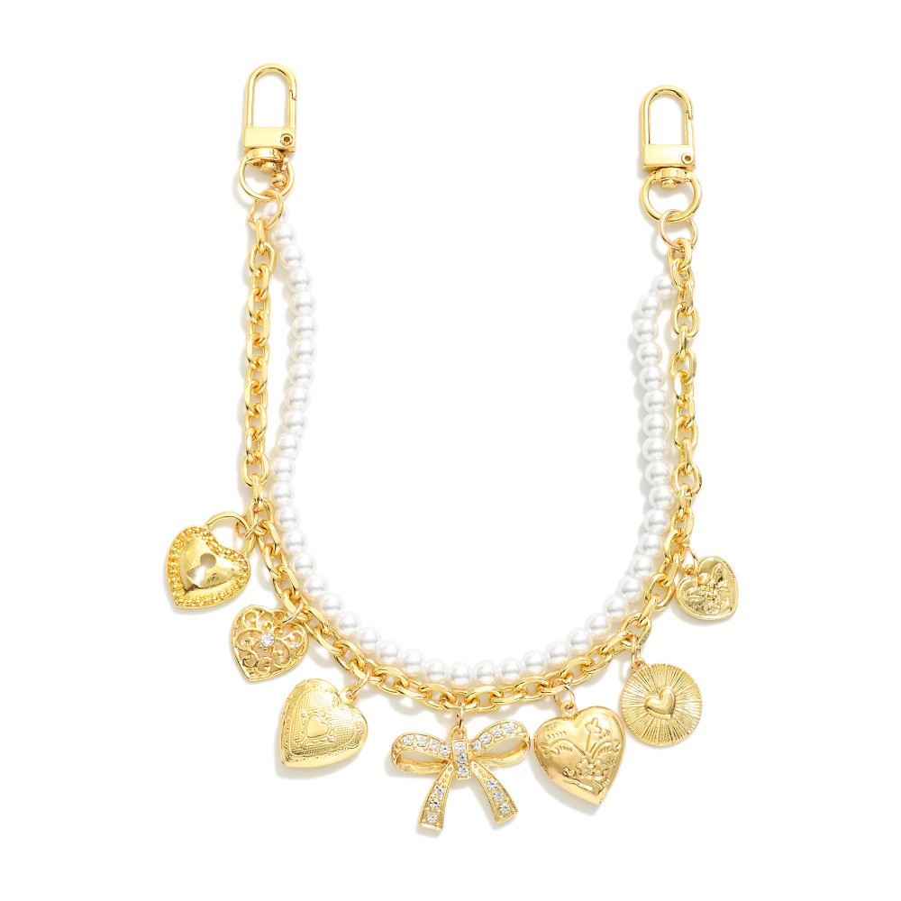 Layered Chain Link Handbag Chain Featuring Pearls With Heart, Bow, & Coin Charms - Approximately 16" L view 2