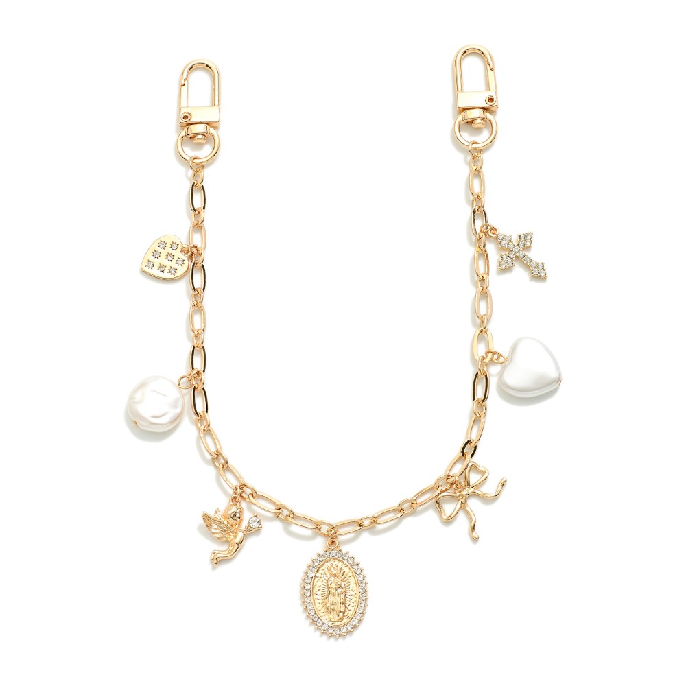 Chain Link Handbag Chain Featuring Metal Tones, Hearts, & Pearl Charms - Approximately 12" L view 2