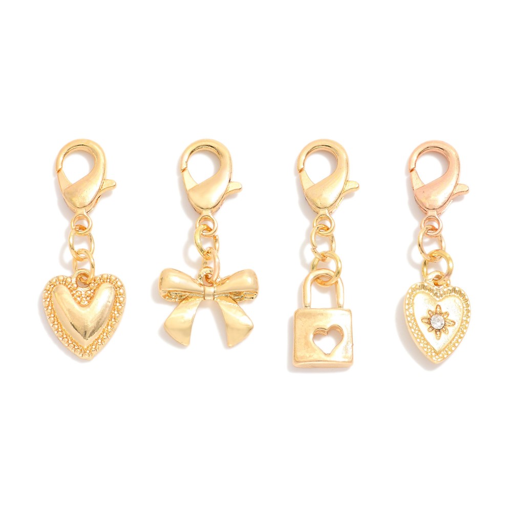 Set Of Four Multipurpose Charms Featuring Heart, Lock, & Bow Charms - Approximately 1" - 1.25" L view 2