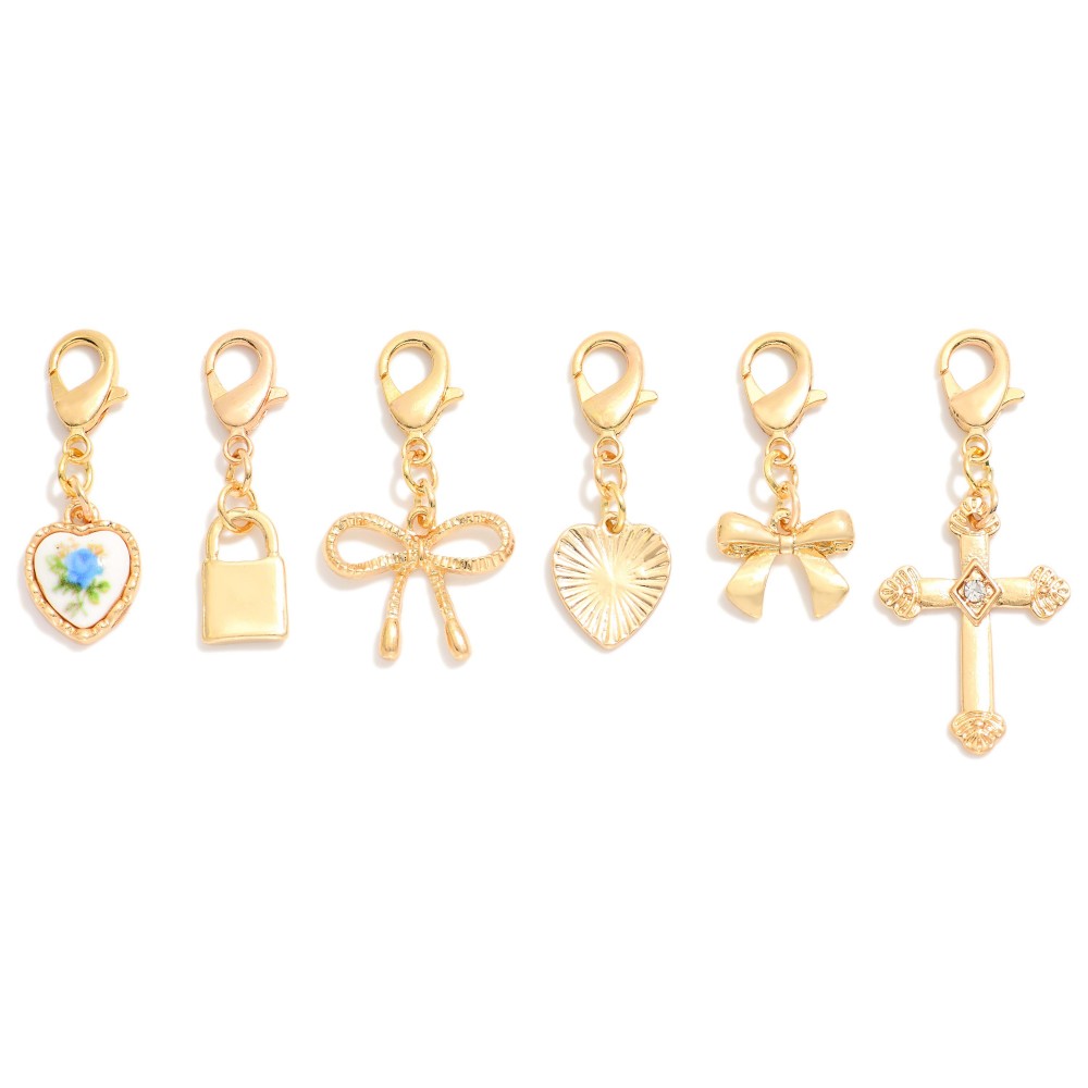Set Of Six Multipurpose Charms Featuring Heart, Lock, Cross, & Bow Charms - Approximately 1" - 1.75" L view 2