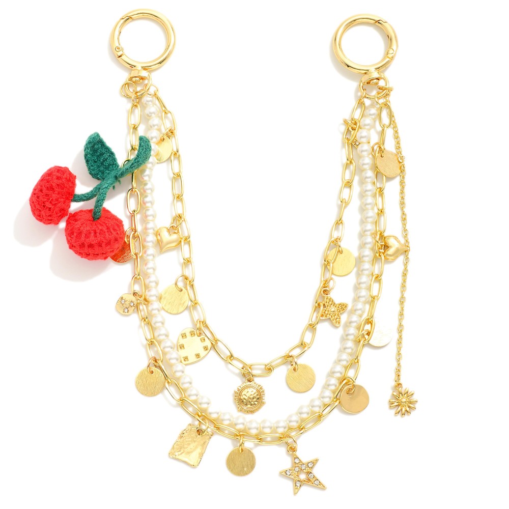 Layered Chain Link Handbag Chain Featuring Pearls, Metal Tone Charms, & Knitted Cherries - Two O Ring Clasps - Approximately 12" L view 2