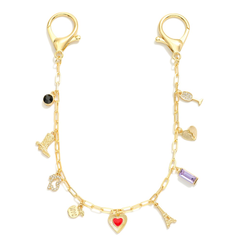 Gold Tone Bag Chain Featuring Rhinestones, Glass Crystals, & Metal Tone Charms - Approximately 10" L view 2