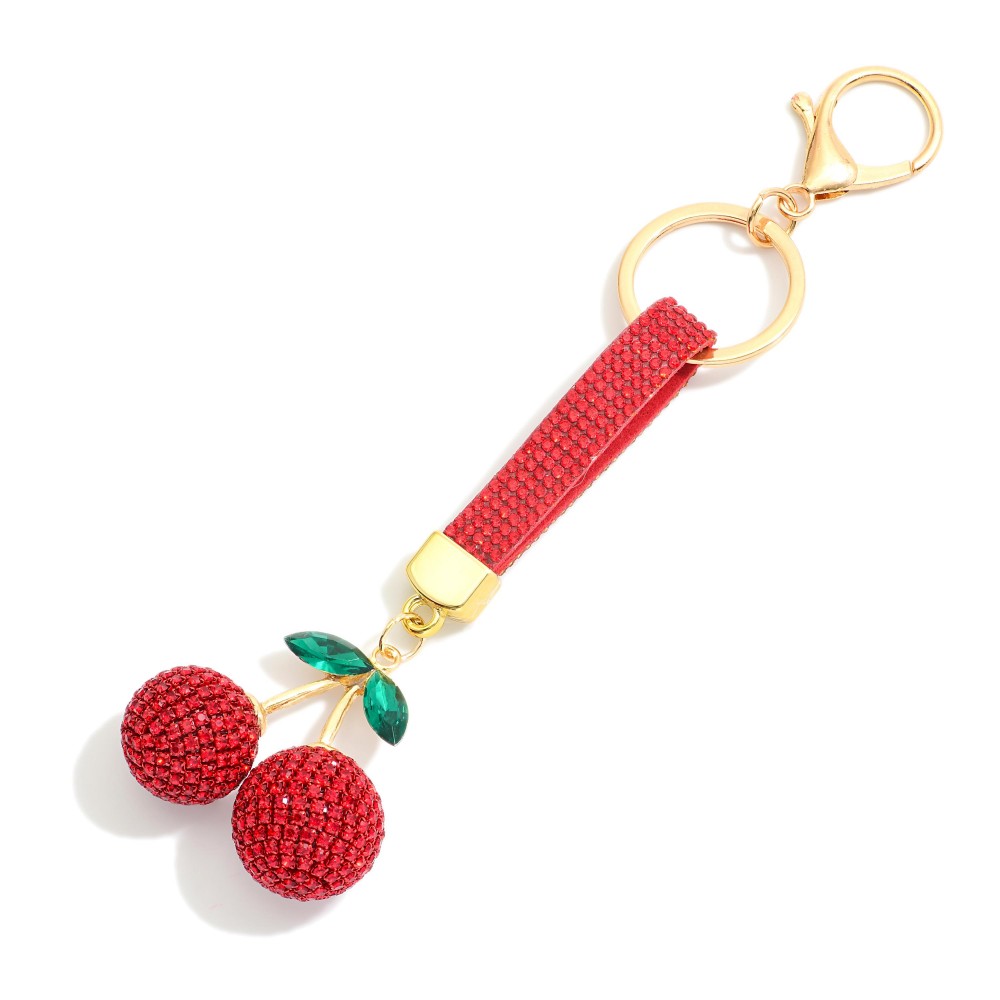 Pave Rhinestone Cherries Key Ring - Approximately 6" L view 2