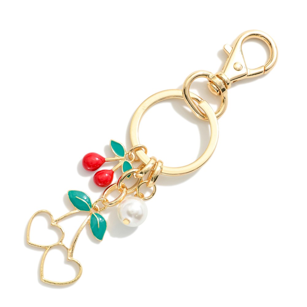 Chain Link Key Chain Featuring Cherries & Pearl Charms - Approximately 4.5" L view 2