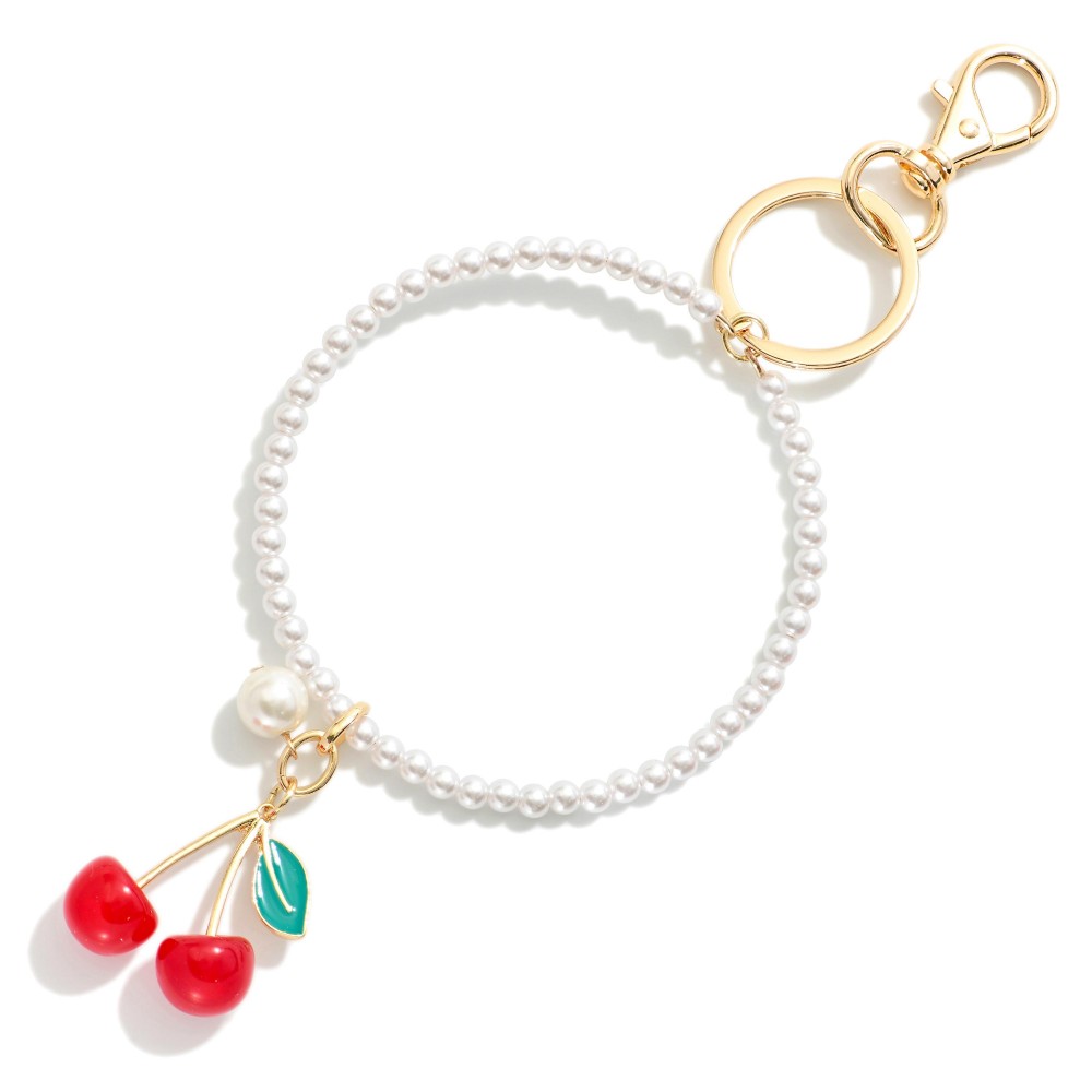 Pearl Beaded Hoop Key Ring Featuring Cherries Charm - Approximately 7.5" L view 2