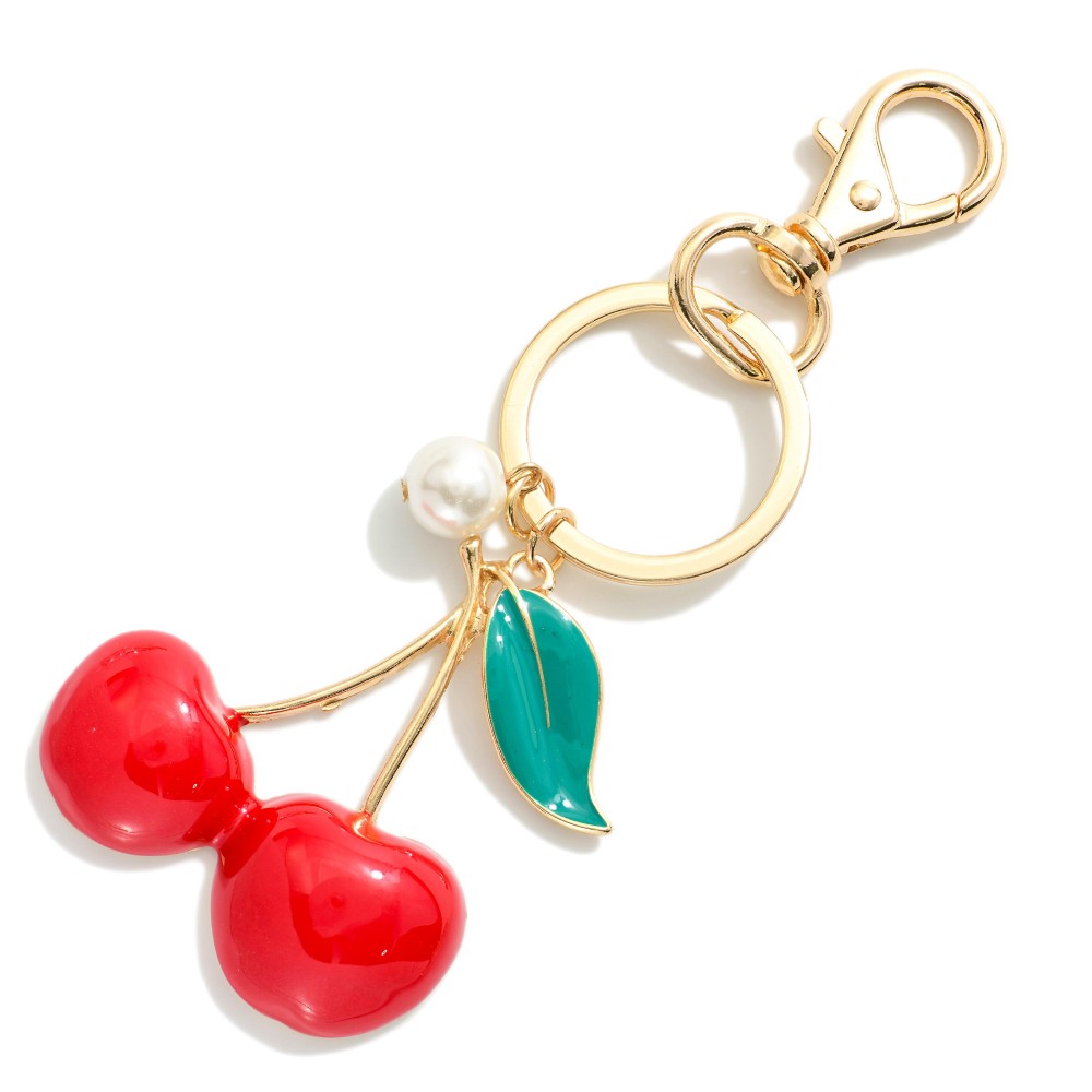 Enamel Cherries & Pearl Key Ring - Approximately 5" L view 2