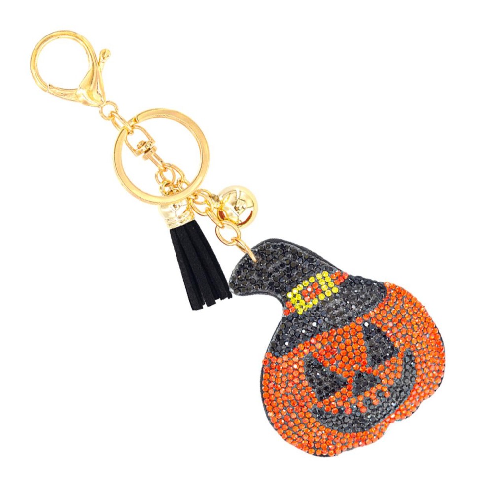 Rhinestone Studded Jack O Lantern Keyring With Tassel - Approximately 5" L view 2