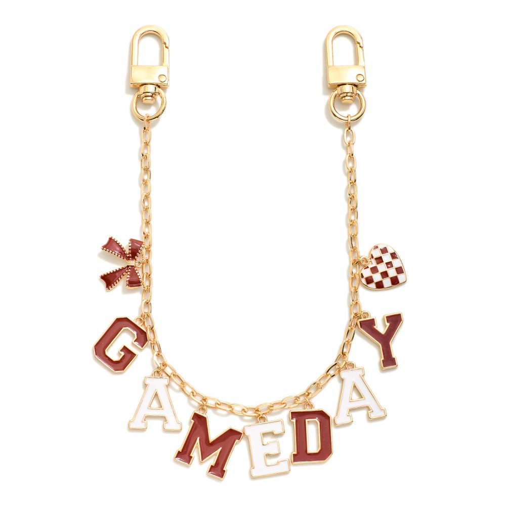 Gold Tone "Game Day" Chain Link Bag Charm Featuring Bow And Heart Charm - Approximately 14" L view 2