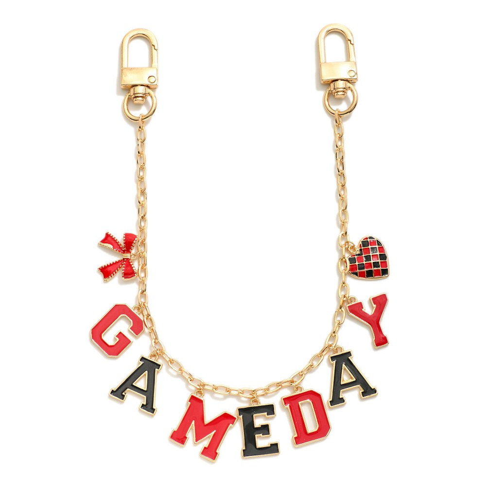 Gold Tone "Game Day" Chain Link Bag Charm Featuring Bow And Heart Charm - Approximately 14" L view 2