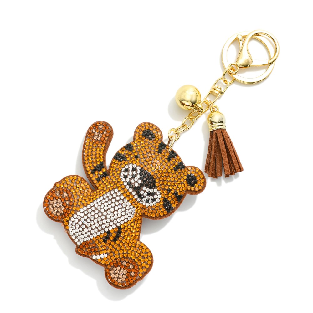 Puffy Rhinestone Tiger Key Ring With Tassel Detail - Approximately 7" L view 2