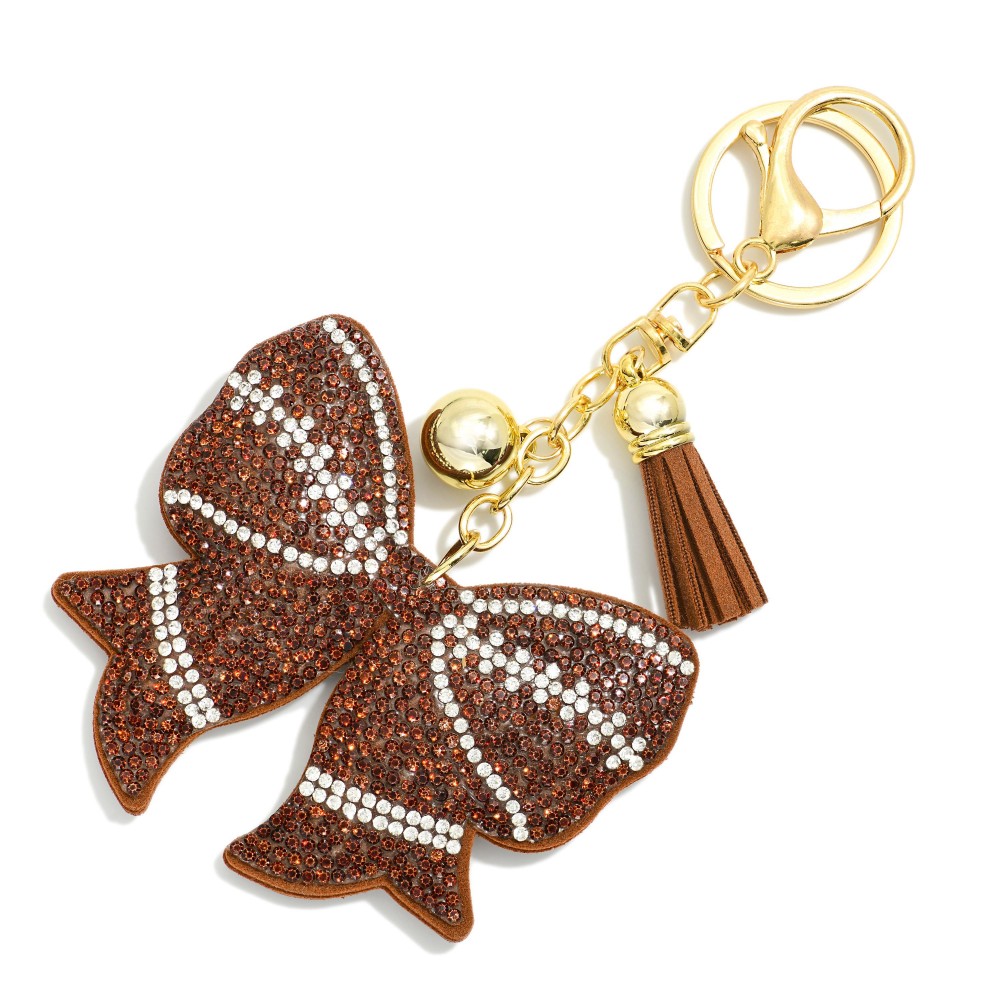 Rhinestone Studded Puffer Sports Ball Bow Keyring With Tassel - Approximately 5" L view 2