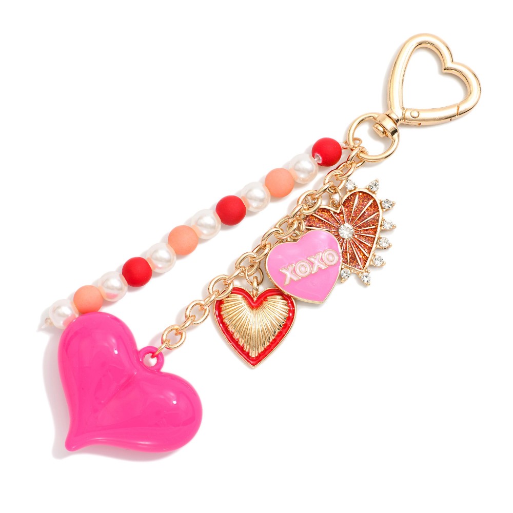 Chain Link Bag Charm Featuring Enamel Hearts & Beaded String - Approximately 6" L view 2
