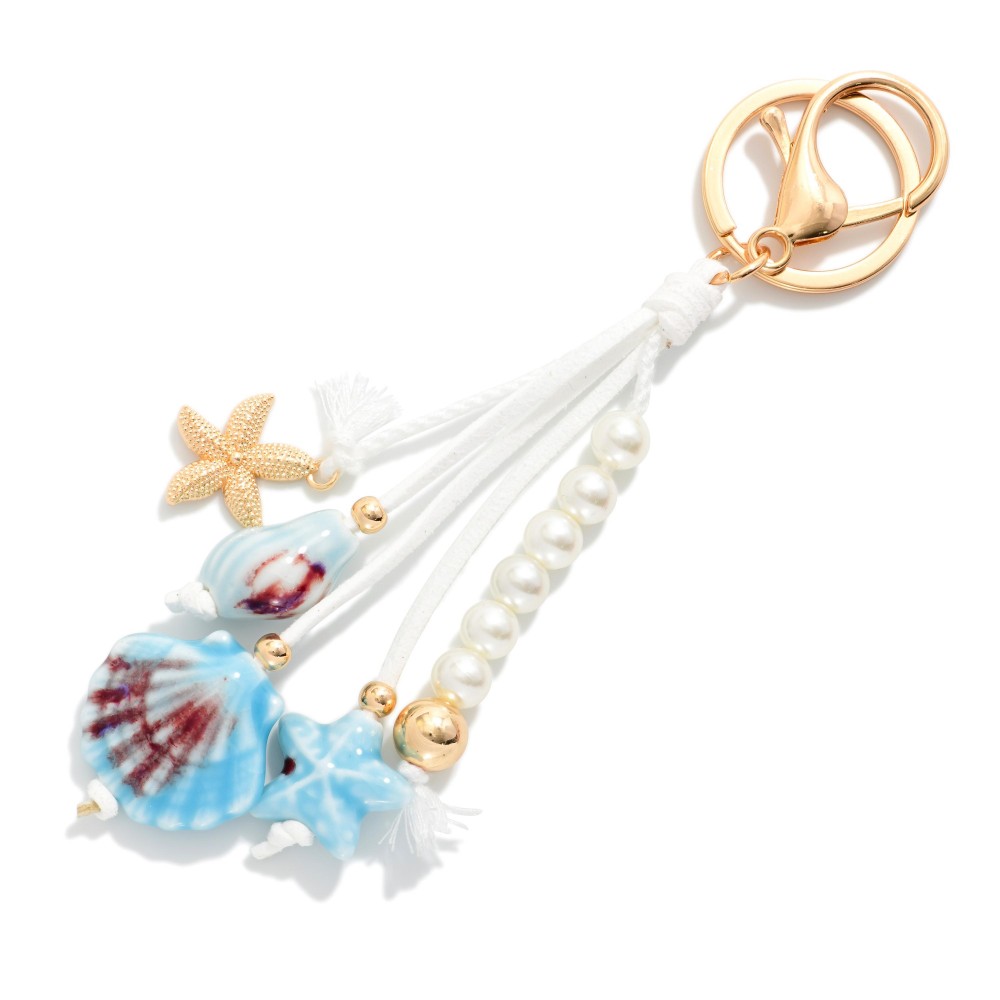 Beach Key Ring Featuring Shells, Pearls, & Gold Tones - Approximately 6" L view 2