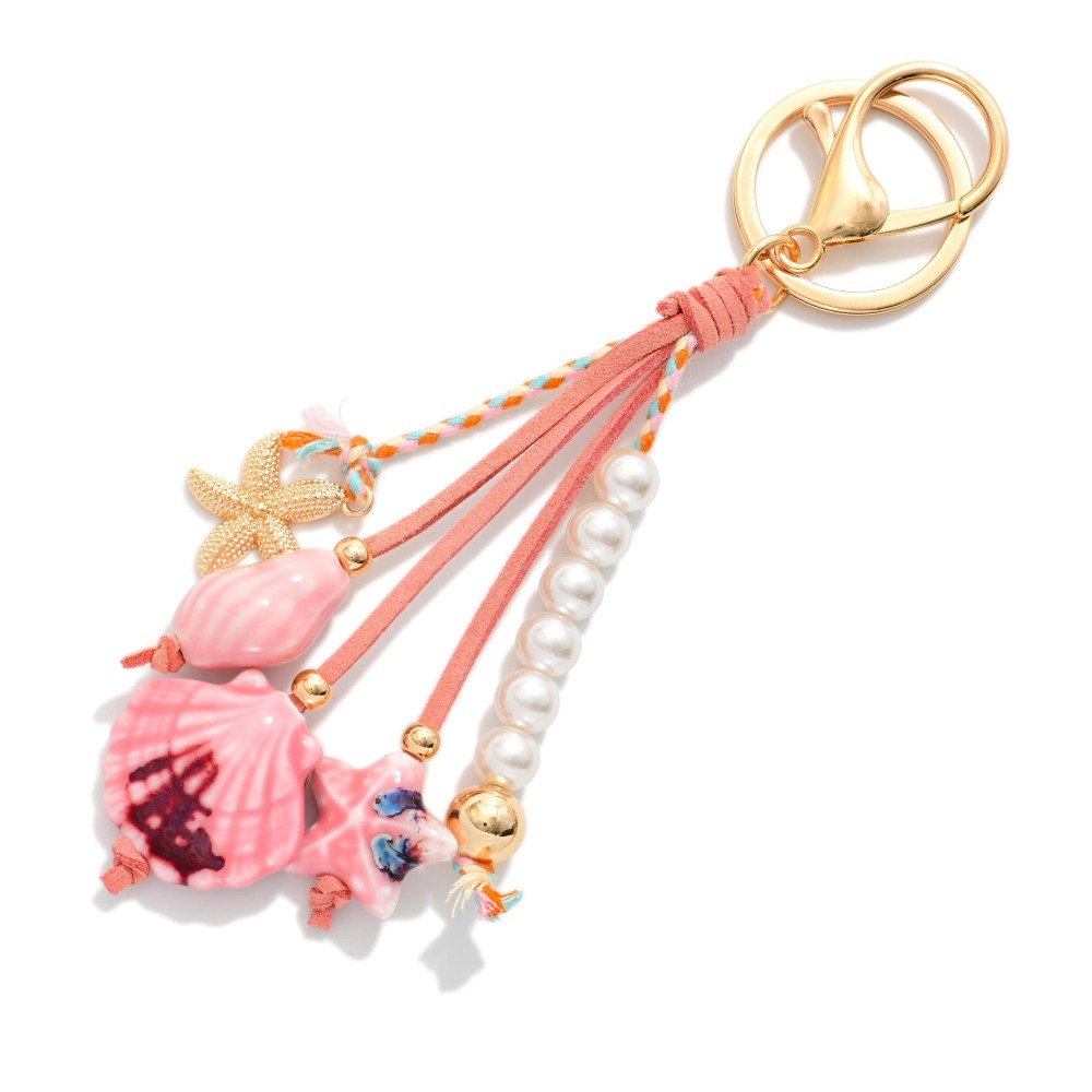 Beach Key Ring Featuring Shells, Pearls, & Gold Tones - Approximately 6" L view 2