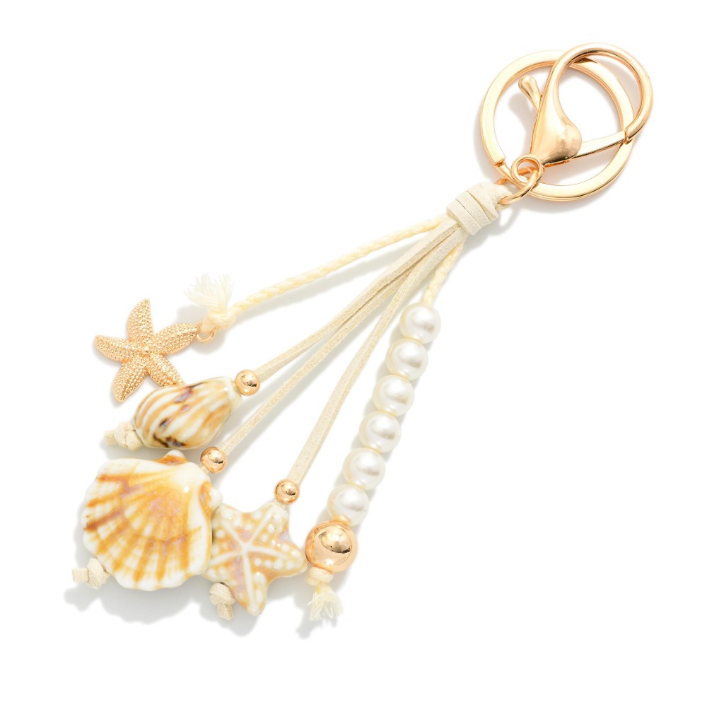 Beach Key Ring Featuring Shells, Pearls, & Gold Tones - Approximately 6" L view 2