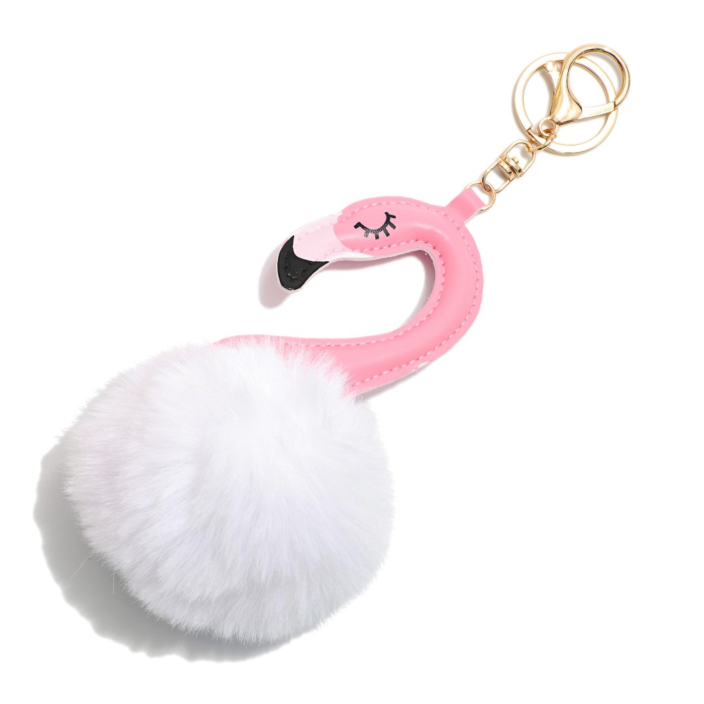 Puffy Flamingo & Faux Fur Pom Key Ring - Approximately 7.5" L view 2