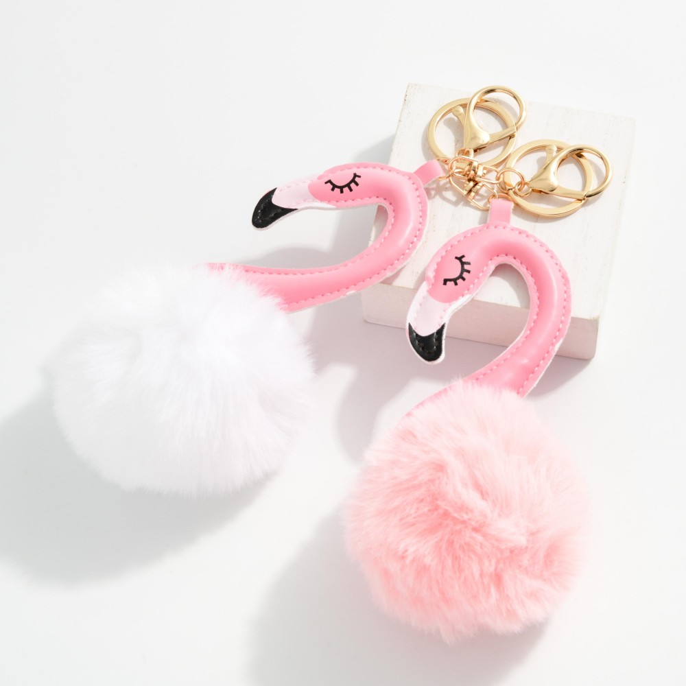 Puffy Flamingo & Faux Fur Pom Key Ring - Approximately 7.5" L view 4