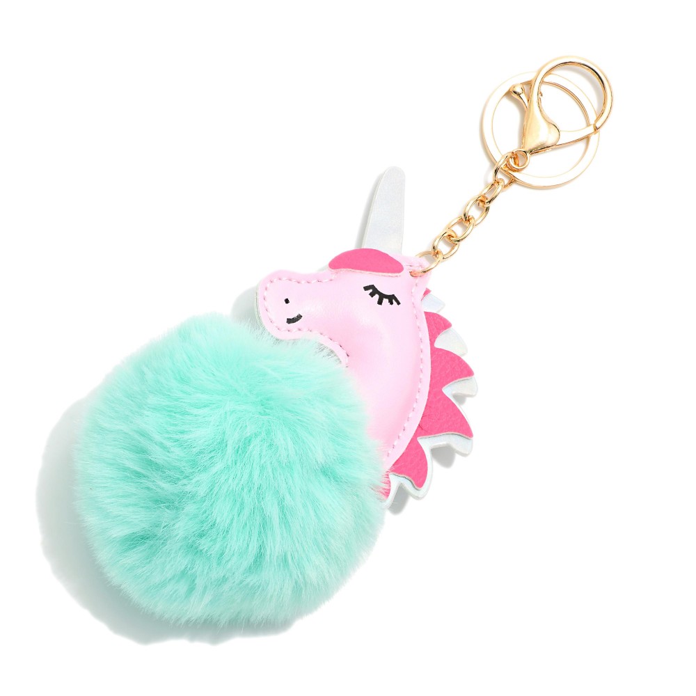 Puffy Unicorn & Faux Fur Pom Key Ring - Approximately 7.5" L view 2