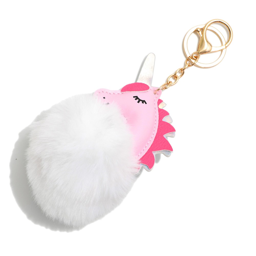 Puffy Unicorn & Faux Fur Pom Key Ring - Approximately 7.5" L view 2