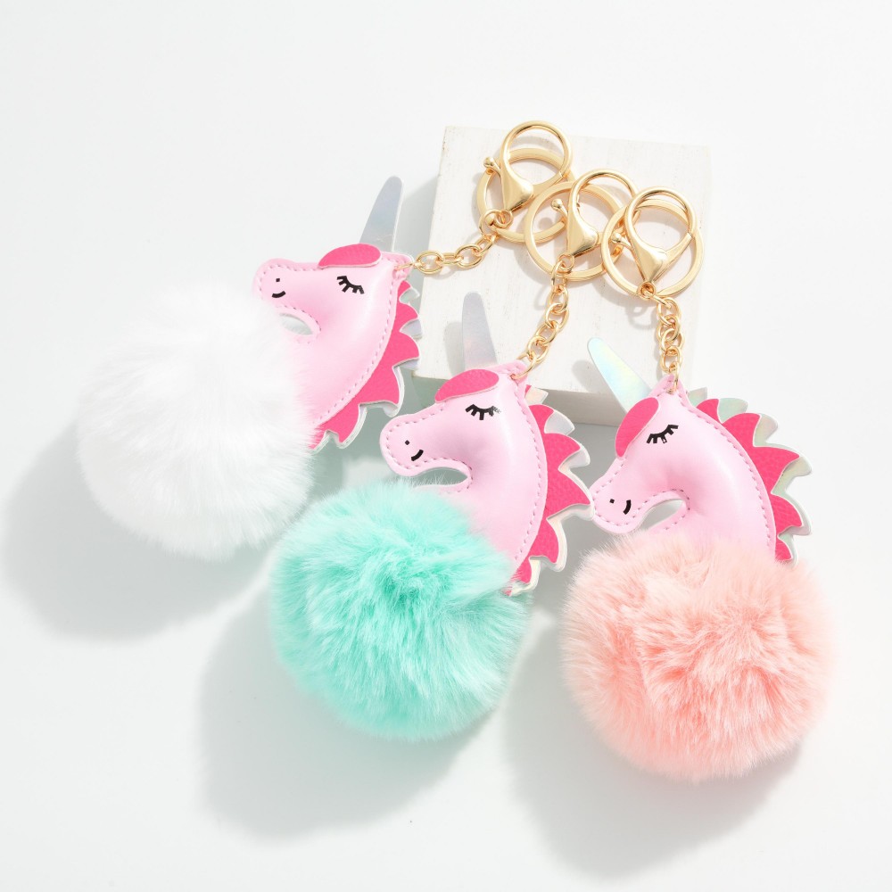 Puffy Unicorn & Faux Fur Pom Key Ring - Approximately 7.5" L view 4