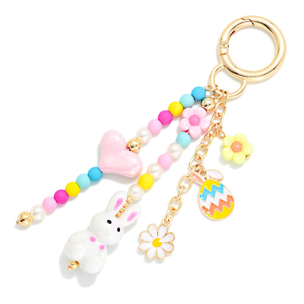 Beaded Easter Key Ring Featuring Easter Bunny, Heart, & Flowers - Approximately 5" L view 2