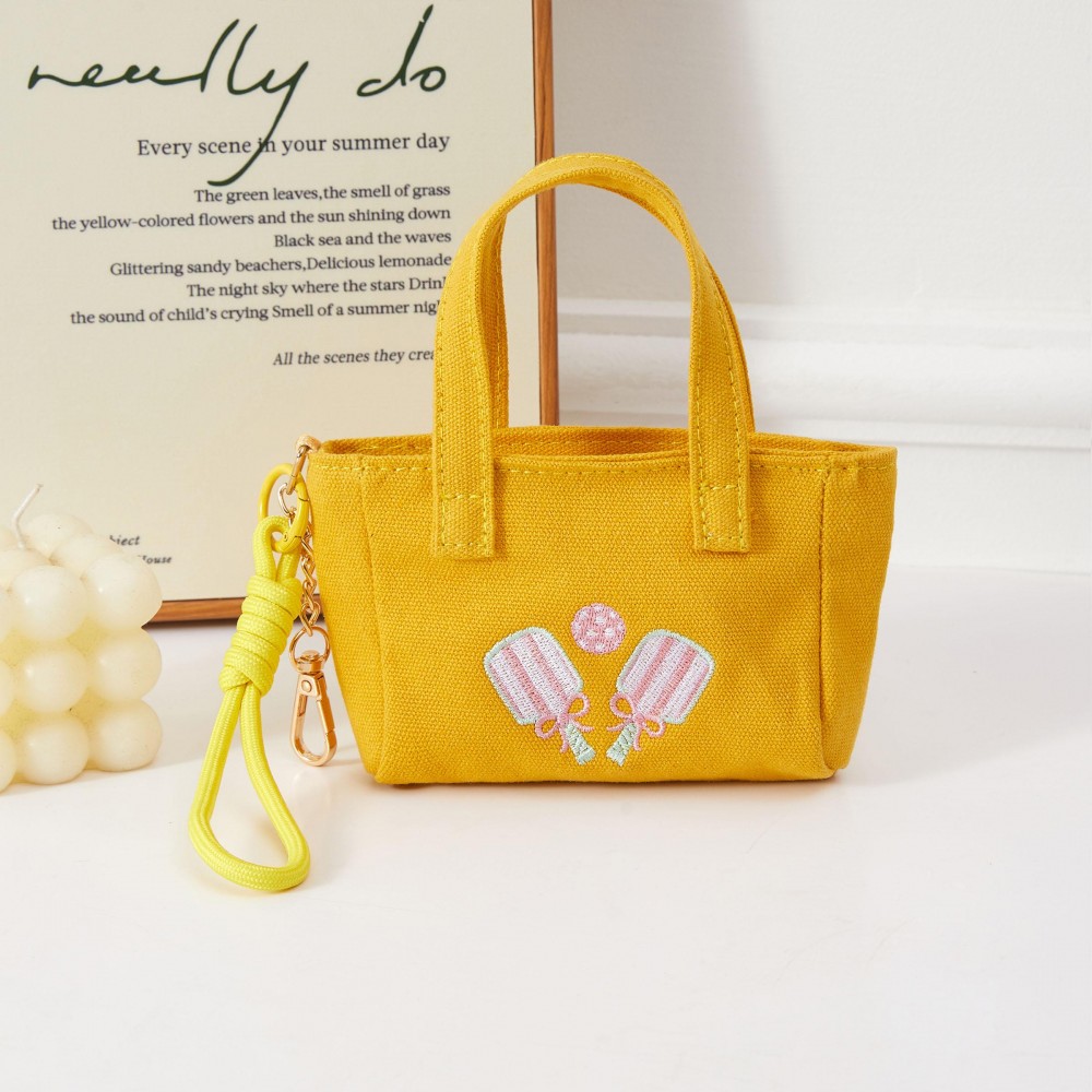 Key Ring Pickleball Embroidered Mini Tote bag With Knotted Rope Detail - 1 Open External Pocket - Handel Drop 4" L - Metal Key Ring - 100% Cotton - Approximately 5.5" L X 4" T X 2" D view 2
