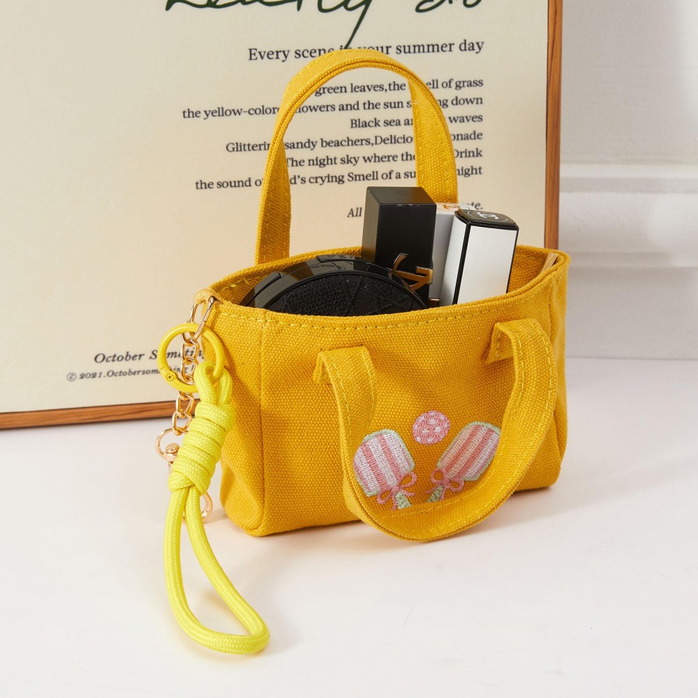 Key Ring Pickleball Embroidered Mini Tote bag With Knotted Rope Detail - 1 Open External Pocket - Handel Drop 4" L - Metal Key Ring - 100% Cotton - Approximately 5.5" L X 4" T X 2" D view 4
