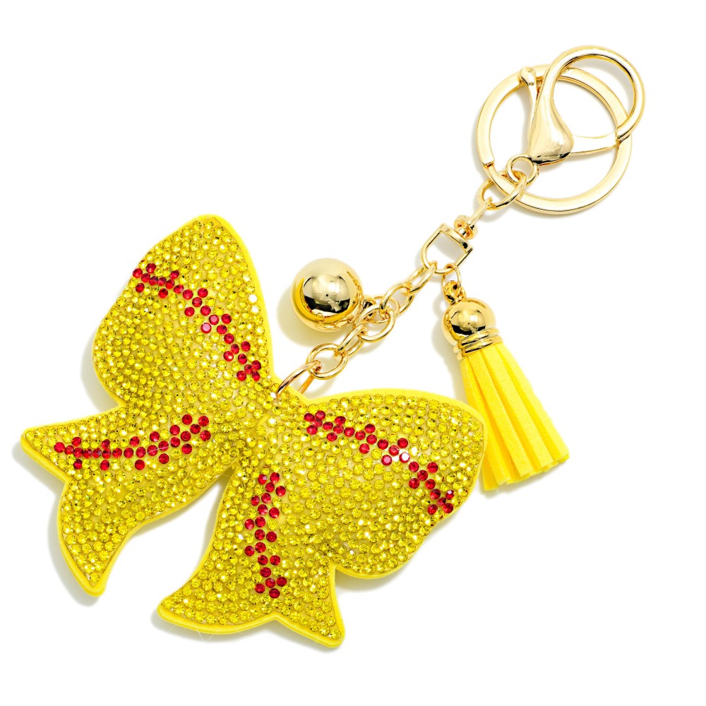 Rhinestone Studded Puffer Sports Ball Bow Keyring With Tassel - Approximately 5" L view 2
