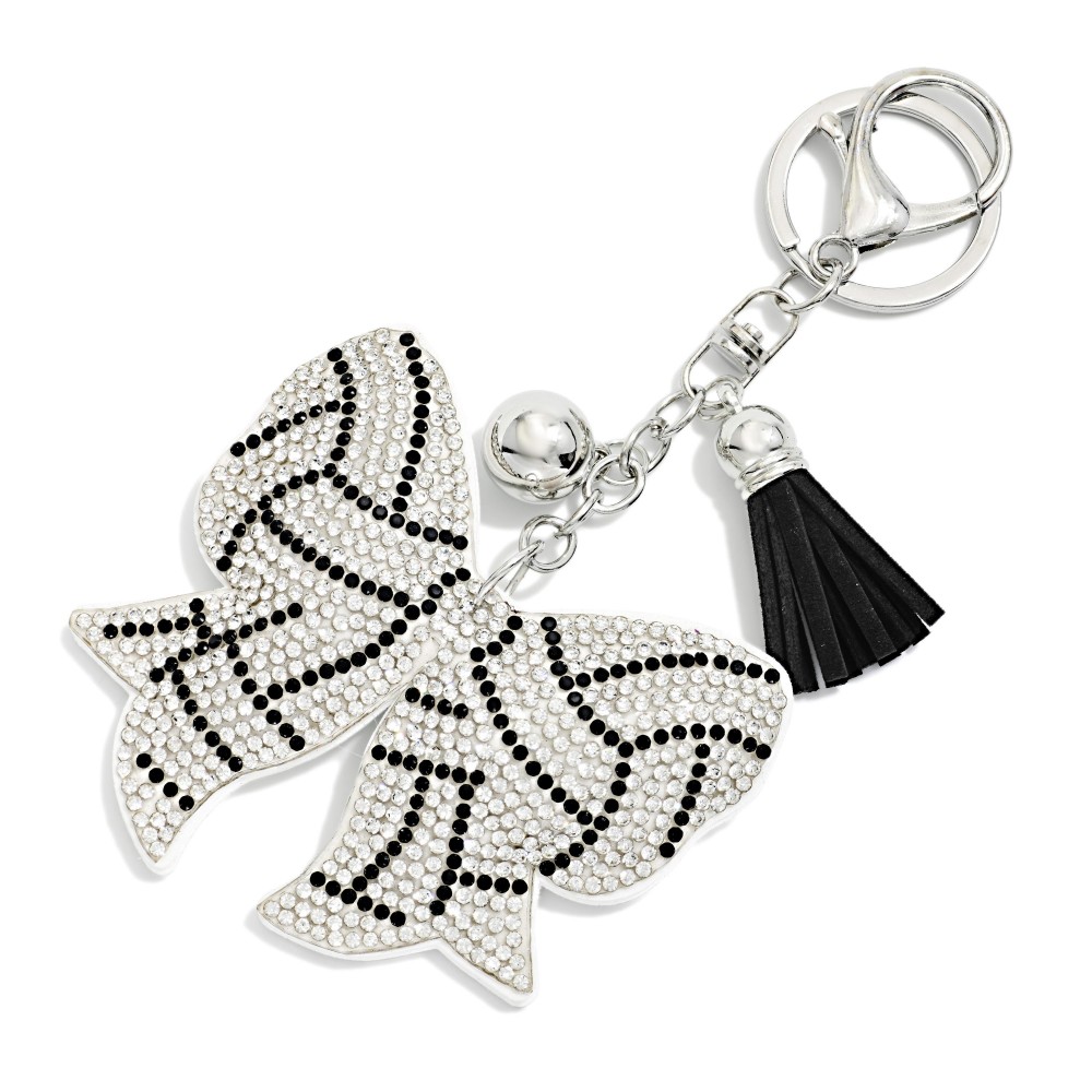 Rhinestone Studded Puffer Sports Ball Bow Keyring With Tassel - Approximately 5" L view 2