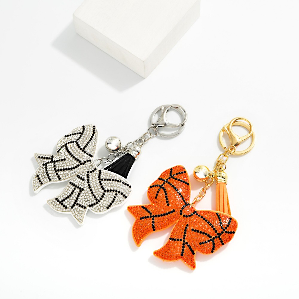 Rhinestone Studded Puffer Sports Ball Bow Keyring With Tassel - Approximately 5" L view 4