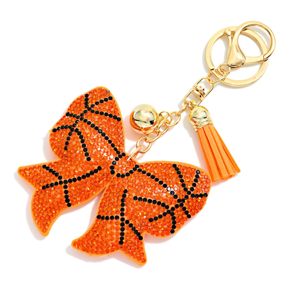 Rhinestone Studded Puffer Sports Ball Bow Keyring With Tassel - Approximately 5" L view 2