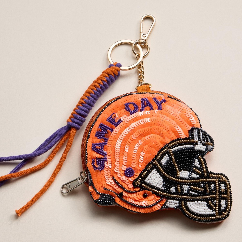 Sequin & Seed Beaded "GAME DAY" Football Helmet Pouch Key Ring - Full Zip Closure - Approximately 7" T X 4" L view 2