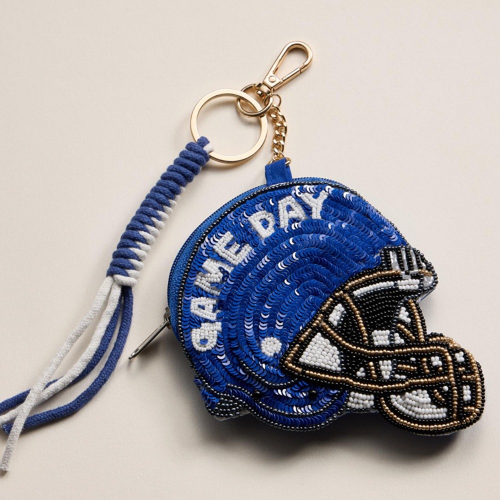 Sequin & Seed Beaded "GAME DAY" Football Helmet Pouch Key Ring - Full Zip Closure - Approximately 7" T X 4" L view 2