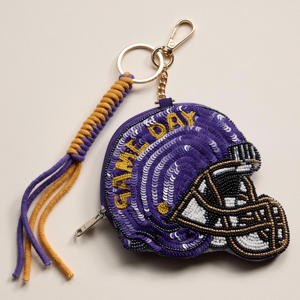 Sequin & Seed Beaded "GAME DAY" Football Helmet Pouch Key Ring - Full Zip Closure - Approximately 7" T X 4" L view 2