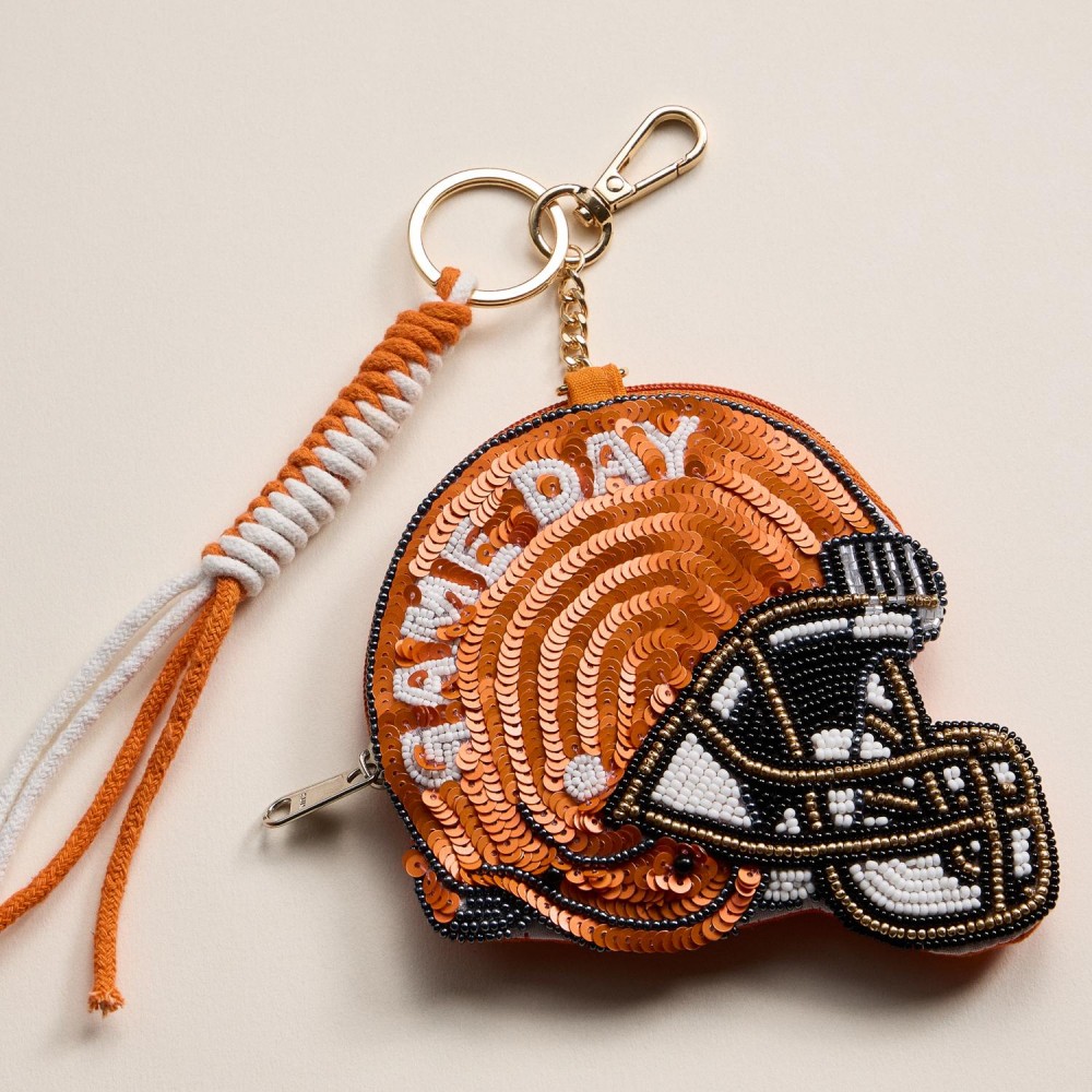 Sequin & Seed Beaded "GAME DAY" Football Helmet Pouch Key Ring - Full Zip Closure - Approximately 7" T X 4" L view 2