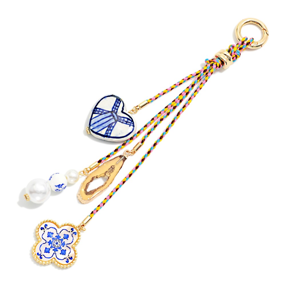 Braided Yarn Key Ring With Porcelain Heart, Crystal, & Chinoiserie Bead Charms - Approximately 7.5" L view 2