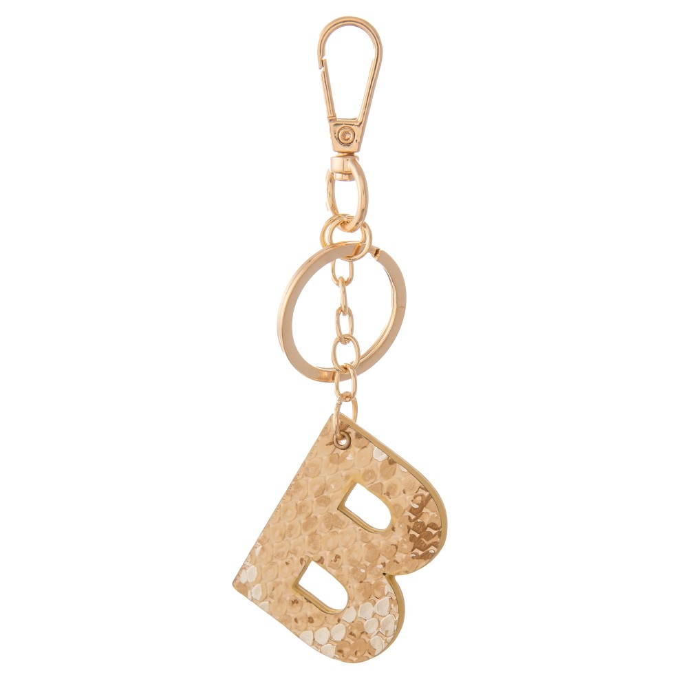 Brown Metallic Faux Leather Snakeskin Initial KeyChain. - Initial approximately 2" - Approximately 5" L view 2