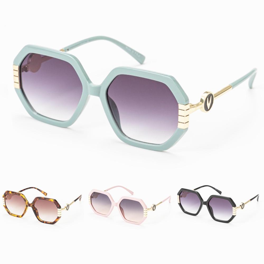 Oversize Heptagon Sunglasses With Gradient Lens & Gold Tone "V" Detail - Assorted Colors - UVA - UVB 400 Protection - Anti-Scratch Lenses Material: - Face: Plastic - Legs: Metal view 2