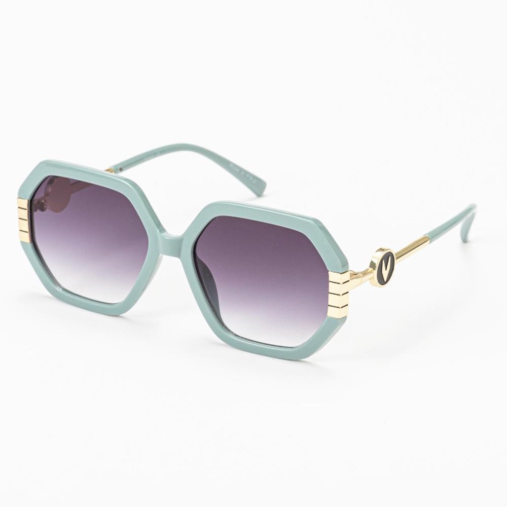 Oversize Heptagon Sunglasses With Gradient Lens & Gold Tone "V" Detail - Assorted Colors - UVA - UVB 400 Protection - Anti-Scratch Lenses Material: - Face: Plastic - Legs: Metal view 4