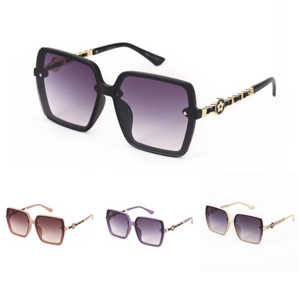 Oversize Square Sunglasses With Chain Link & Vegan Leather Legs - Assorted Colors - UVA - UVB 400 Protection - Anti-Scratch Lenses Material: - Face: Plastic - Legs: Metal & Vegan Leather view 2