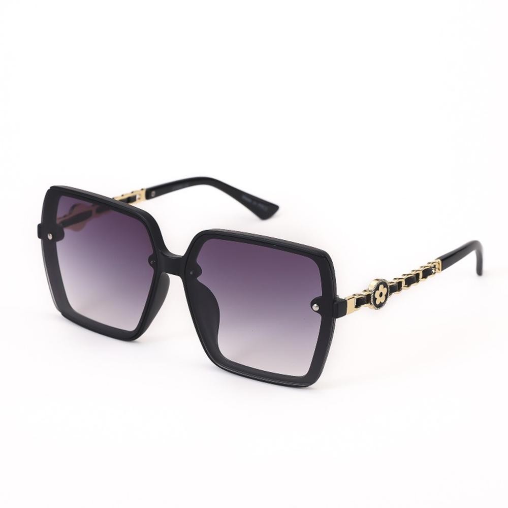 Oversize Square Sunglasses With Chain Link & Vegan Leather Legs - Assorted Colors - UVA - UVB 400 Protection - Anti-Scratch Lenses Material: - Face: Plastic - Legs: Metal & Vegan Leather view 4