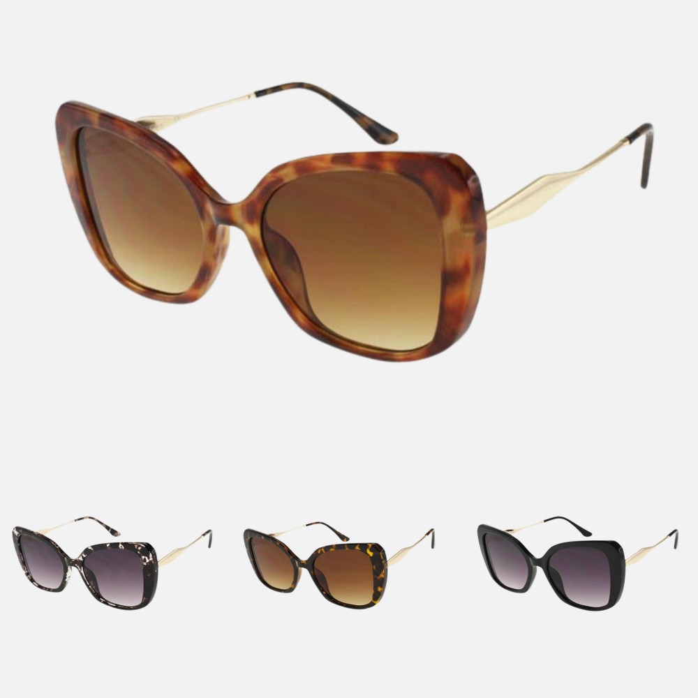 Butterfly Shape Sunglasses With Metal Temple (12-Pack) - Frame Material: Plastic - Lens Material: Polycarbonate - Lens Width: 62 mm - Bridge Width: 18 mm - Temple Length: 135 mm - UV400 Sun Protection - One Size Fits Most - One Dozen Assorted Colors view 4