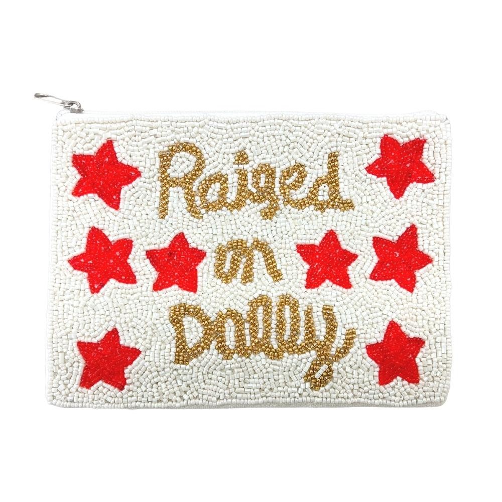 "Raised on Dolly" fully beaded zippered pouch -Lined 100% Cotton - Approximately 5" W x 4.5" T view 2