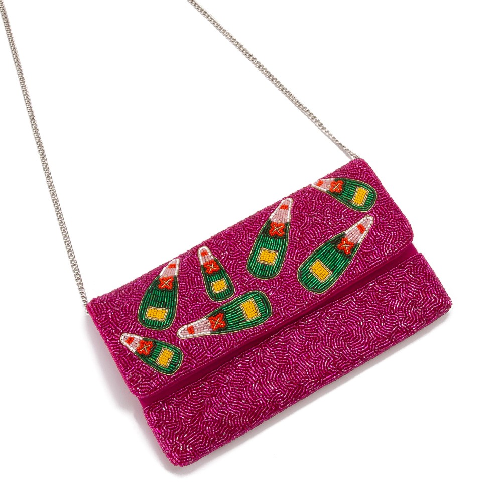 Fuchsia Beaded Clutch Bag Featuring Champagne Bottle Details and a Gold Chain Strap. - Approximately 10"W x 6"H - Chain 21" in Length view 2