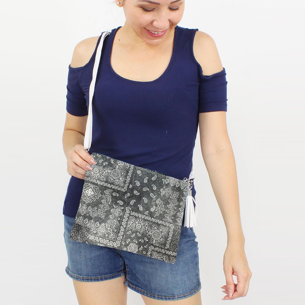Bandana Paisley Print Canvas Cross Body Handbag With Tassel Zip Closure - Zipper Closure - Lined - Two Internal Pockets - Adjustable Faux Leather Strap - Detachable Wristlet Strap - Approximately 10" L x 8" W - 100% Polyester view 2