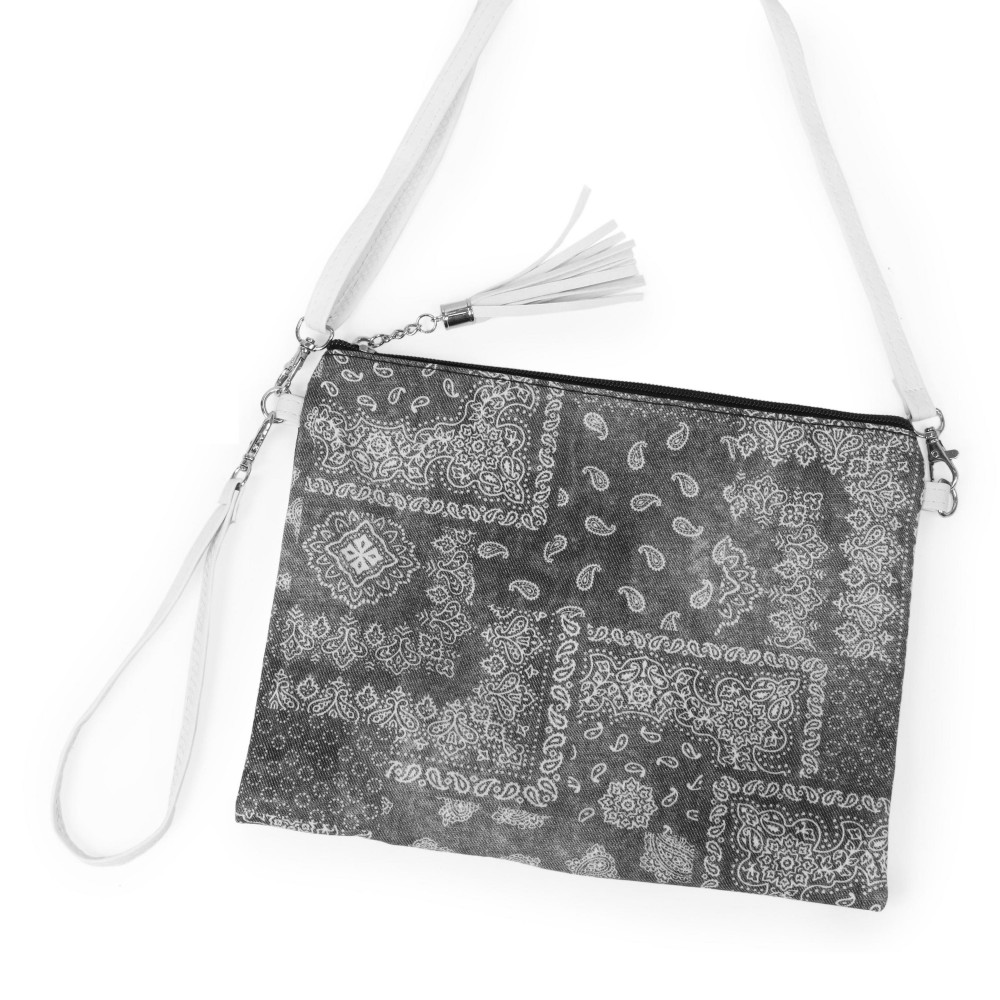 Bandana Paisley Print Canvas Cross Body Handbag With Tassel Zip Closure - Zipper Closure - Lined - Two Internal Pockets - Adjustable Faux Leather Strap - Detachable Wristlet Strap - Approximately 10" L x 8" W - 100% Polyester view 4