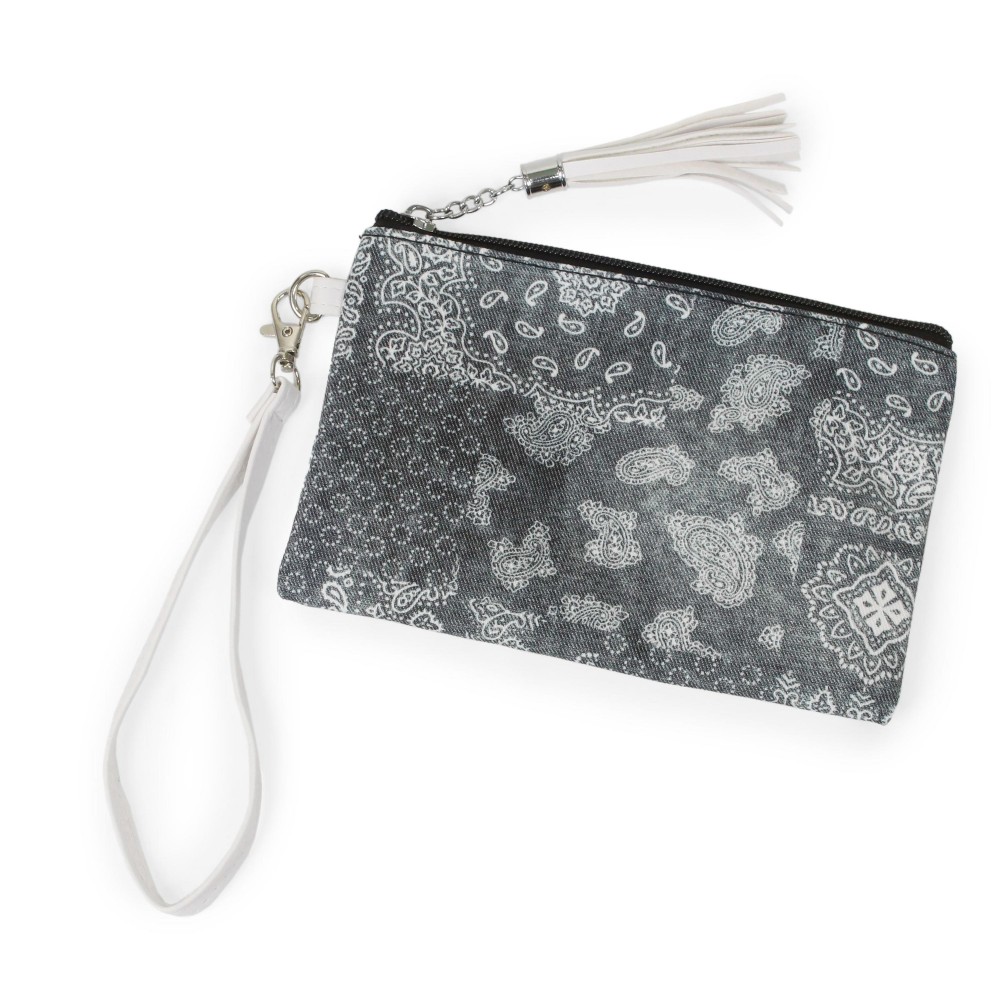 Bandana Paisley Print Canvas Wristlet With Tassel Zip Closure - Zipper Closure - Lined - Faux Leather Strap - Approximately 8" L x 5" W - 100% Polyester view 2